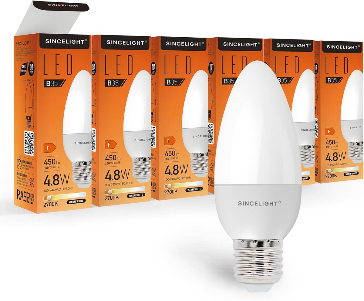 E27 LED Kaarslamp 5W Warm Wit 2700K Hoge Kleurweergave RA92 500 Lumen Set van 6