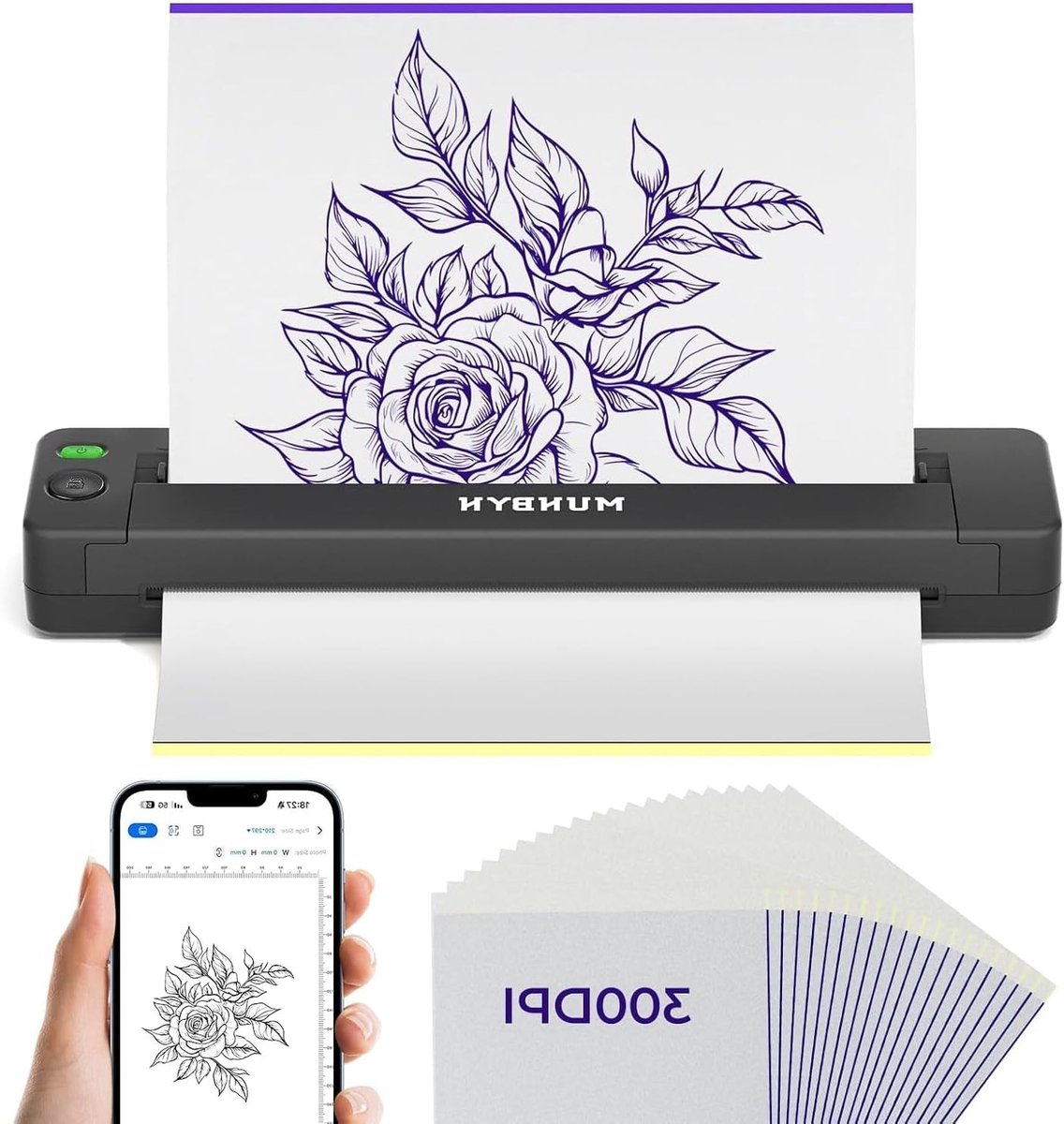 Tattoo Stencil Printer – Tattoo Printer – Tattoo Sjabloon Printer – Thermische Printer – Draadloze Tattoo Printer – 300 DPI Hoge Resolutie – Inclusief 20 Overdrachtspapieren