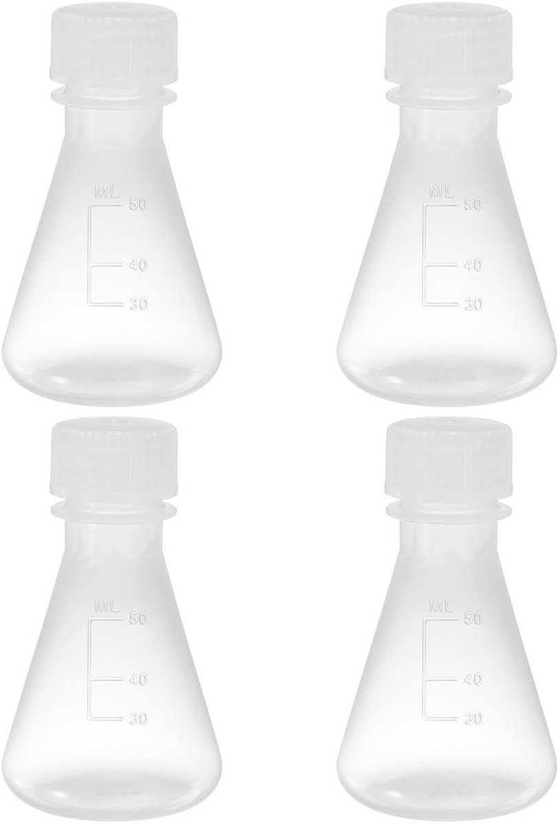 Set van 4 Kunststof Erlenmeyerkolven met Schroefdop 50 ml