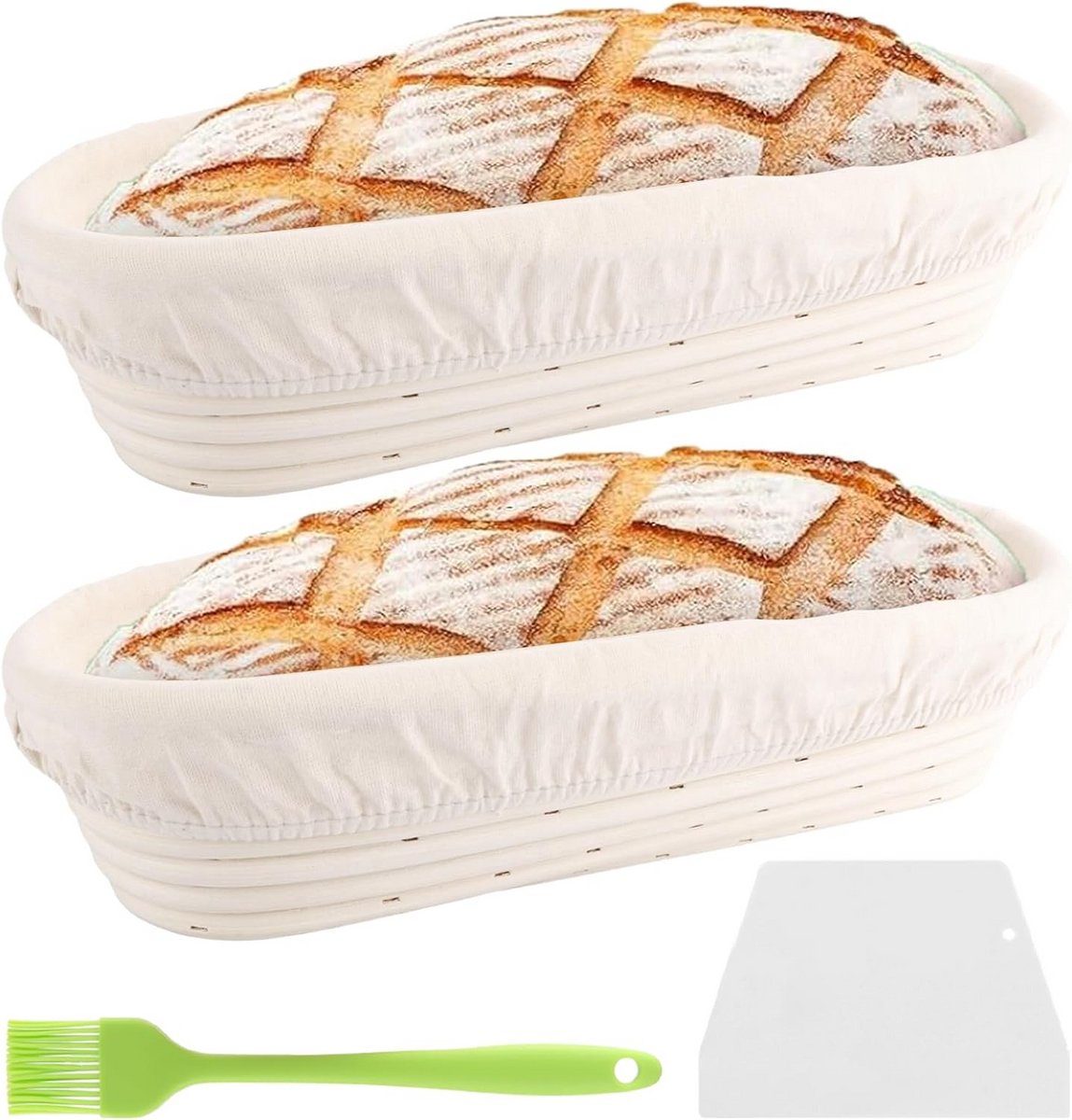 2 Stuks Ovale Rijsmandjes van Rotan voor Broodbakken (35 cm) Inclusief Accessoires