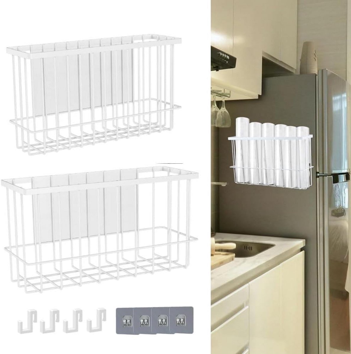 2x Magnetische Opbergmand voor Koelkast - Zelfklevende Haken Inclusief