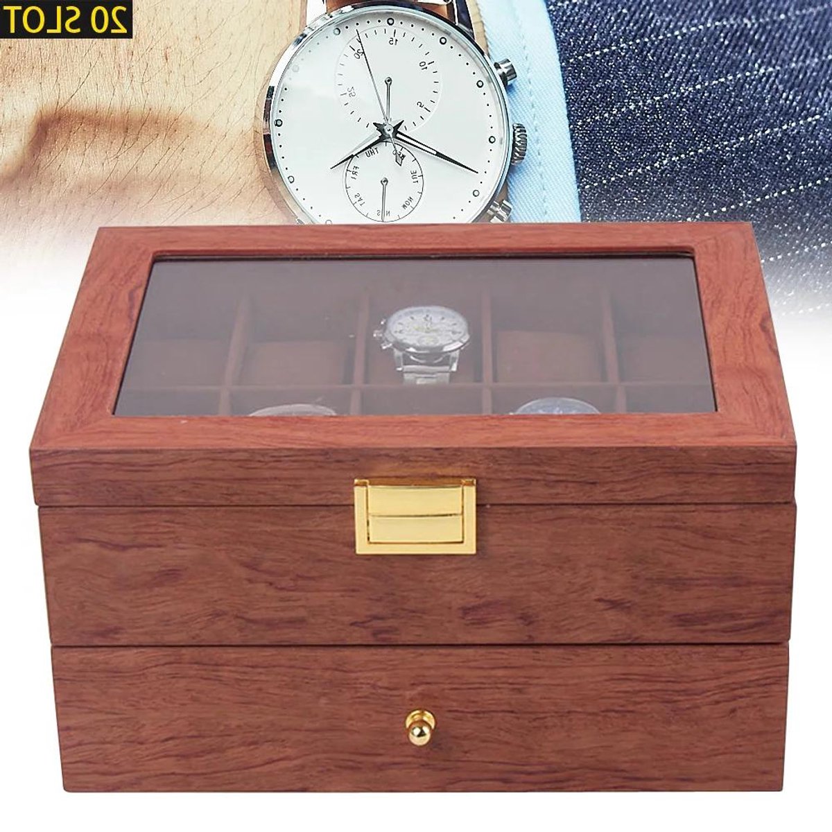 Premium - Horlogedoos - Vakken - Palissanderhout - 2-laags - Fluweel - Vintage - Organizer - Geschikt voor horloges - Luxe - 20 vakken - Vintage horlogevitrine met fluweel - Houten horlogekast met 2 lagen - Horlogeopberger met vakken