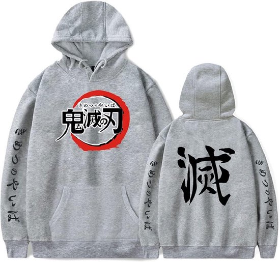 Grijze hoodie met Demon Slayer logo op de borst, Japans schrift op de rug en mouwen.