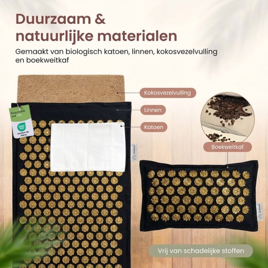 Jaraleesa® XL Spijkermat – 6-Delige ECO Acupressuur Mat Set Met Kussen – Massagemat – Shakti Mat – Spijkermat voor Stressverlichting, Spierherstel, Meditatie, Rugpijn & Acupunctuur – Incl. Draagtas & E- boek - Zwart