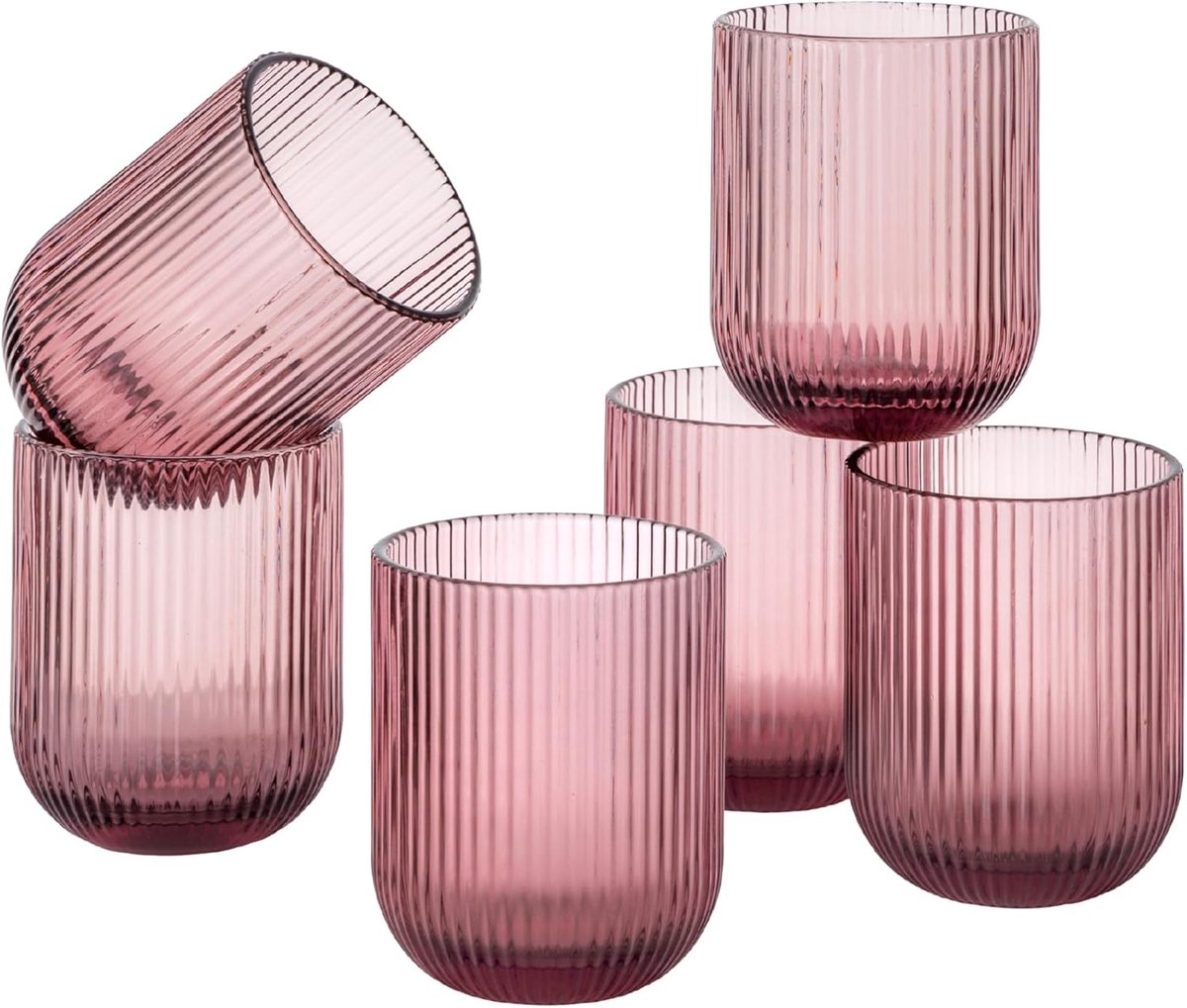 Set van 6 Gekleurde Drinkglazen 30 cl met Strepen - Stijlvolle Waterglazen