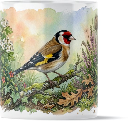 Putter Distelvink op Tak met Distels "Aquarel Series" Koffiemok Theemok Vogelprint Tuinvogels Cadeau voor haar: Vrouw, Vriendin of Collega Uniek Design voor Thuis & Kantoor Origineel Presentje Vogelliefhebber Moederdag Verjaardag