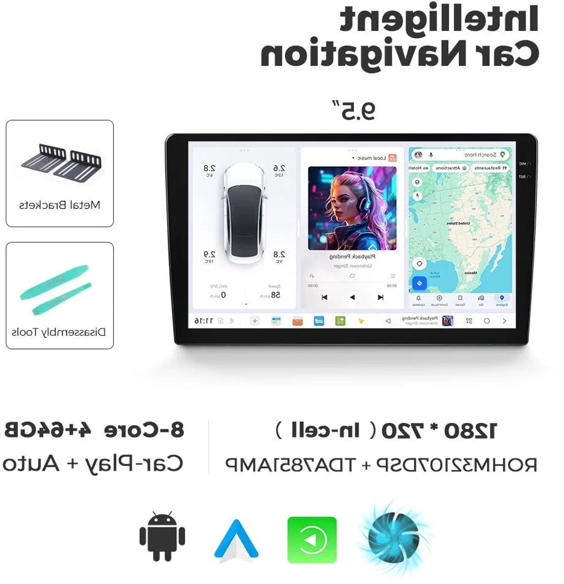 Autoradio – Car Multimedia Speler – 2-DIN Stereo – Touchscreen – Draadloos CarPlay & Android Auto – 9,5" Groot Scherm – GPS Navigatie Dual Band