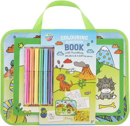 Dino Reispakket - Kleurboek en Tekenpakket Jongens voor Onderweg - Reisspeelgoed met Stickerboek en Doeboek - Vakantieboek voor Jongens - Moxy