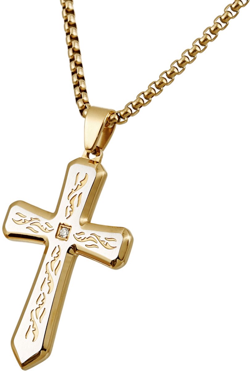 Decopatent - RVS Kruis Ketting 60 cm - Wit & Goudkleurige Kruishanger - Christelijke Halsketting met Schakelketting voor Heren & Dames - Stijlvolle RVS Ketting