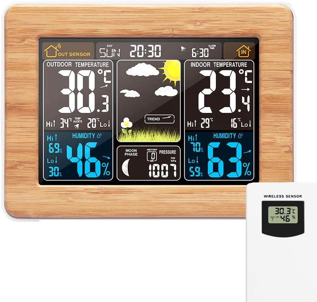 Draadloos digitaal weerstation - Met buitensensor, tijd, datum, temperatuur, luchtvochtigheid, barometer, alarm, maanfase, multifunctioneel