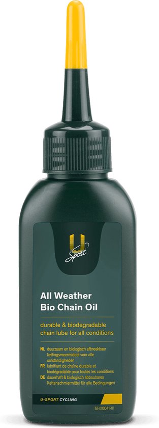 Groene fles met gele dop, "All Weather Bio Chain Oil"