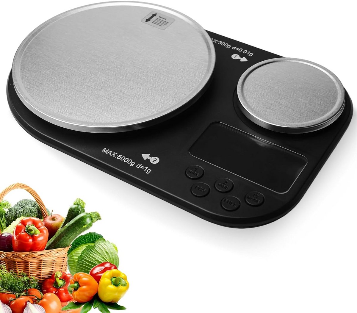 Digitale Keukenweegschaal met Dubbel Platform – 5kg en 300g Precisie, RVS Schaal