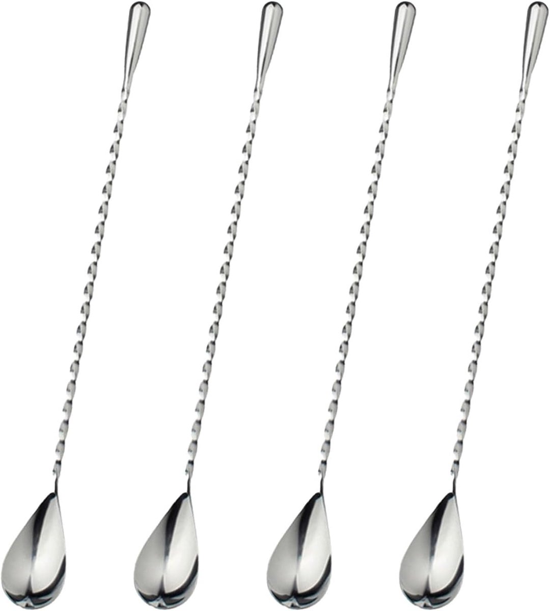 Set van 4 Lange IJskoffie Lepels 30 cm met Spiraalpatroon RVS