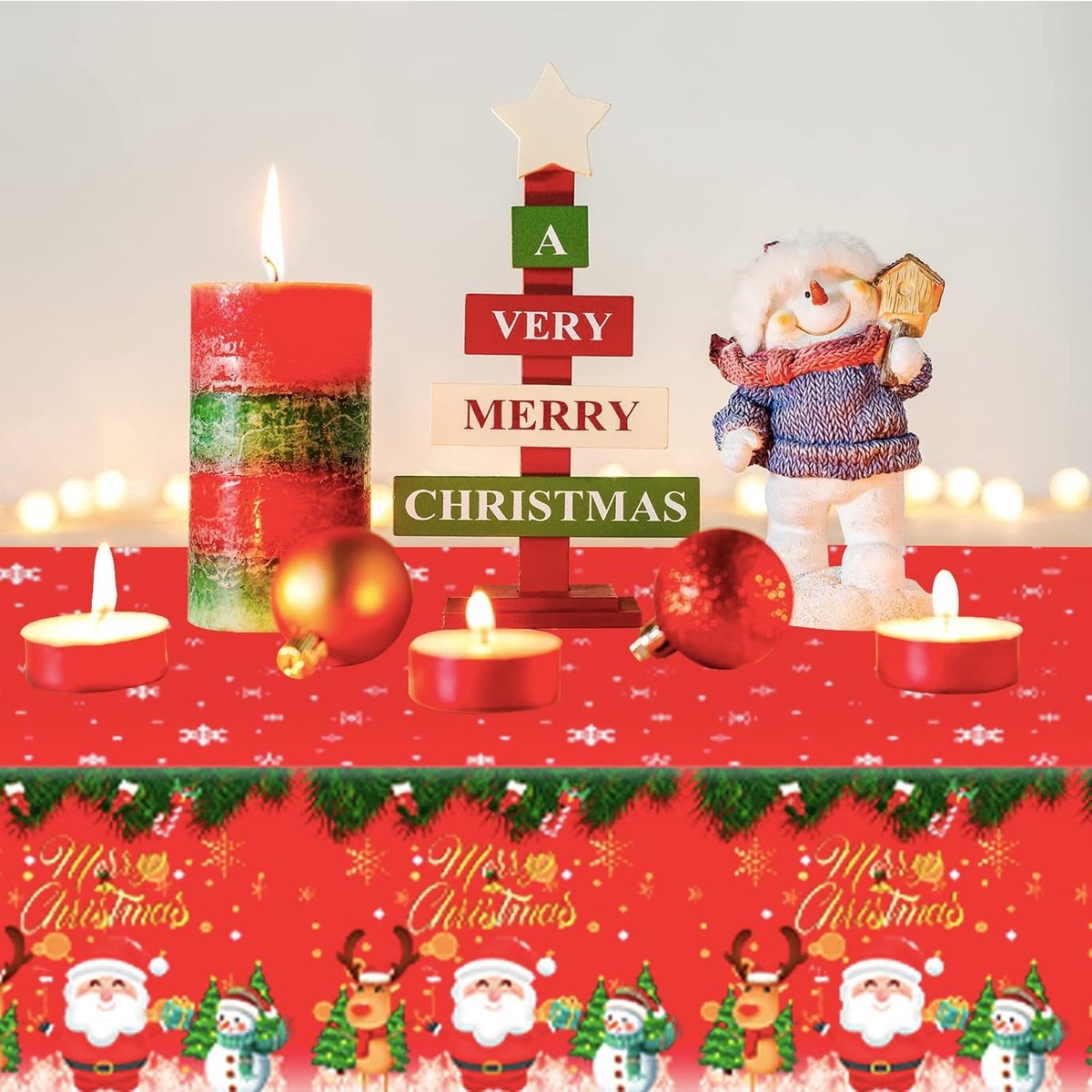 Rood Kersttafelkleed Rechthoekig 137 x 274 cm met Kerstman en Sneeuwpop Decoratie