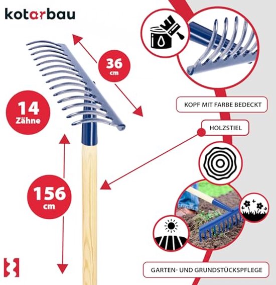 KOTARBAU® Tuinhark, Bladhark, Staal, 36 cm, Marineblauw, met Houten Steel, 136 cm, 14 Tanden, voor Gazon, Stevige Hark, Metalen Hark, Ergonomisch Tuingereedschap van Merkloos	 — afbeelding 4