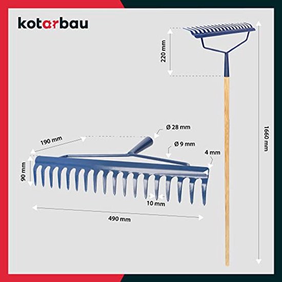 KOTARBAU® Tuinhark, Versterkt, Bladhark, Staal, 49 cm, Marineblauw, met Houten Steel, 166 cm, 18 Tanden, voor Gazon, Stevige Hark, Metalen Hark, Ergonomisch Tuingereedschap van Merkloos	 — afbeelding 3