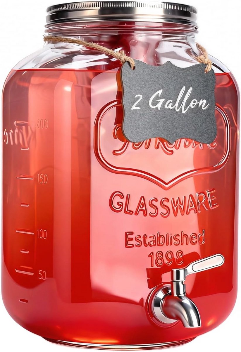 Grote glazen drankdispenser met tap en fruithouder voor feesten en evenementen