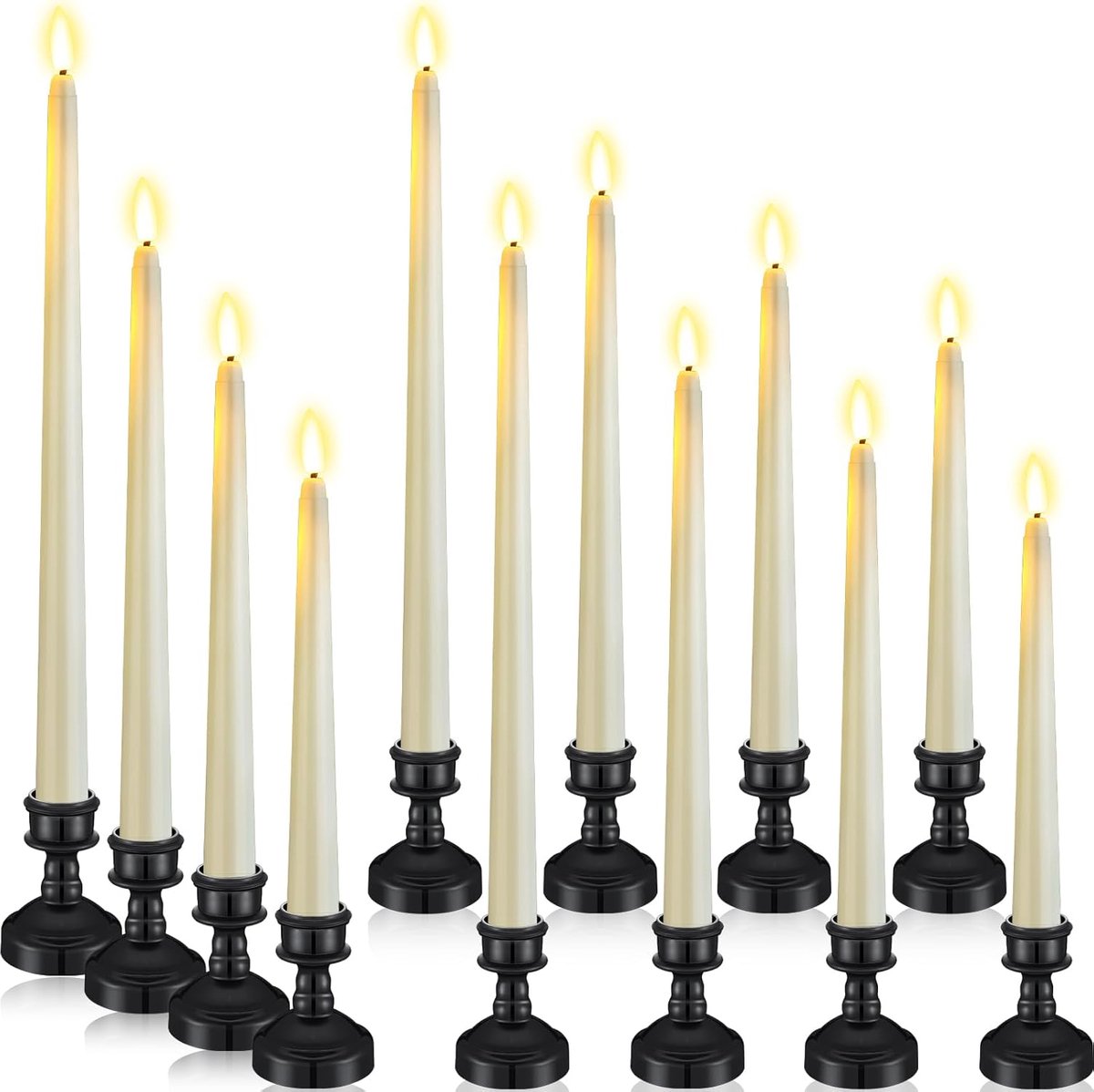 Set van 12 LED Kaarsen Taper met Kandelaar, Vlamloos en Batterijgevoed - Hoogte 21,5 t/m 32,5 cm