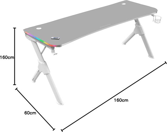 Ergonomische RGB Gaming Desk XL met Headset- en Bekerhouder, Wit — afbeelding 3