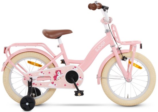 Vélo rose SJOEF pour enfant de 16 pouces avec panier, porte-bagages et motif licorne.