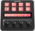 Zwart Stream Deck+ met acht rode aanraaktoetsen, een LCD-scherm en vier draaiknoppen.