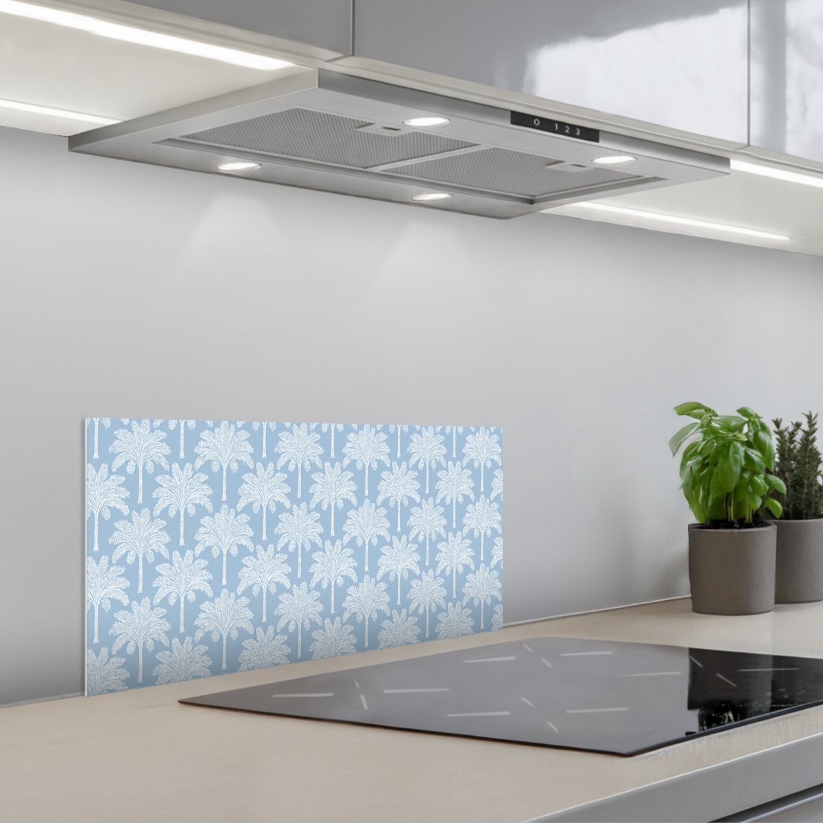 Spatscherm 60x30 cm - Zelfklevende achterwand Palmboom - Modern - Blauw - Keuken muurbeschermer - Spatwand fornuis