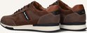 Achterkant van bruine leren sneakers met taupe suède en driehoekig detail.