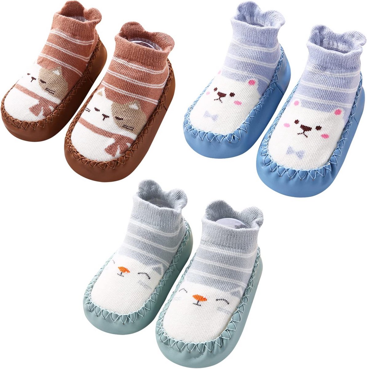 Babyslofjes Katoen Antislip Sokken Pak van 3 voor Jongens en Meisjes