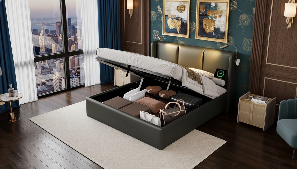 Bed 140x200 met Opbergruimte, USB & Leeslamp – Casa Velluto Gestoffeerd Jeugd- en Tweepers