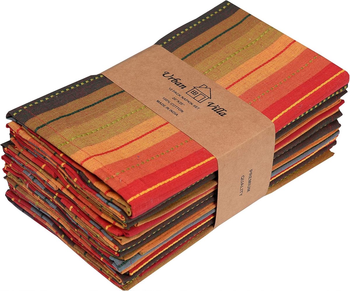 Set van 12 Katoenen Servetten 51x51 cm Taupe Bordeauxrood - Premium Kwaliteit