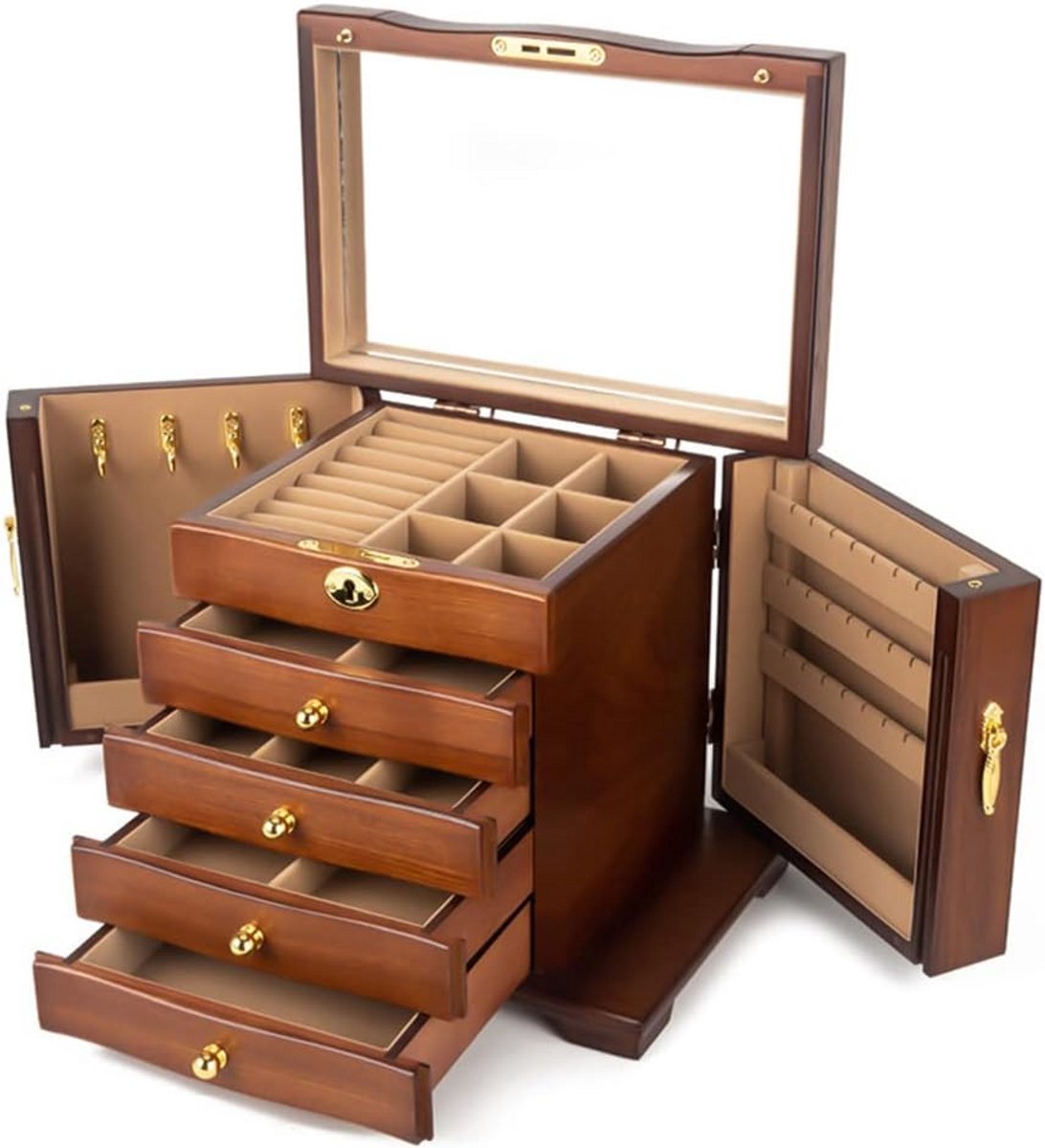 Houten Sieradendoos met 5 Lades en Slot voor Dames
