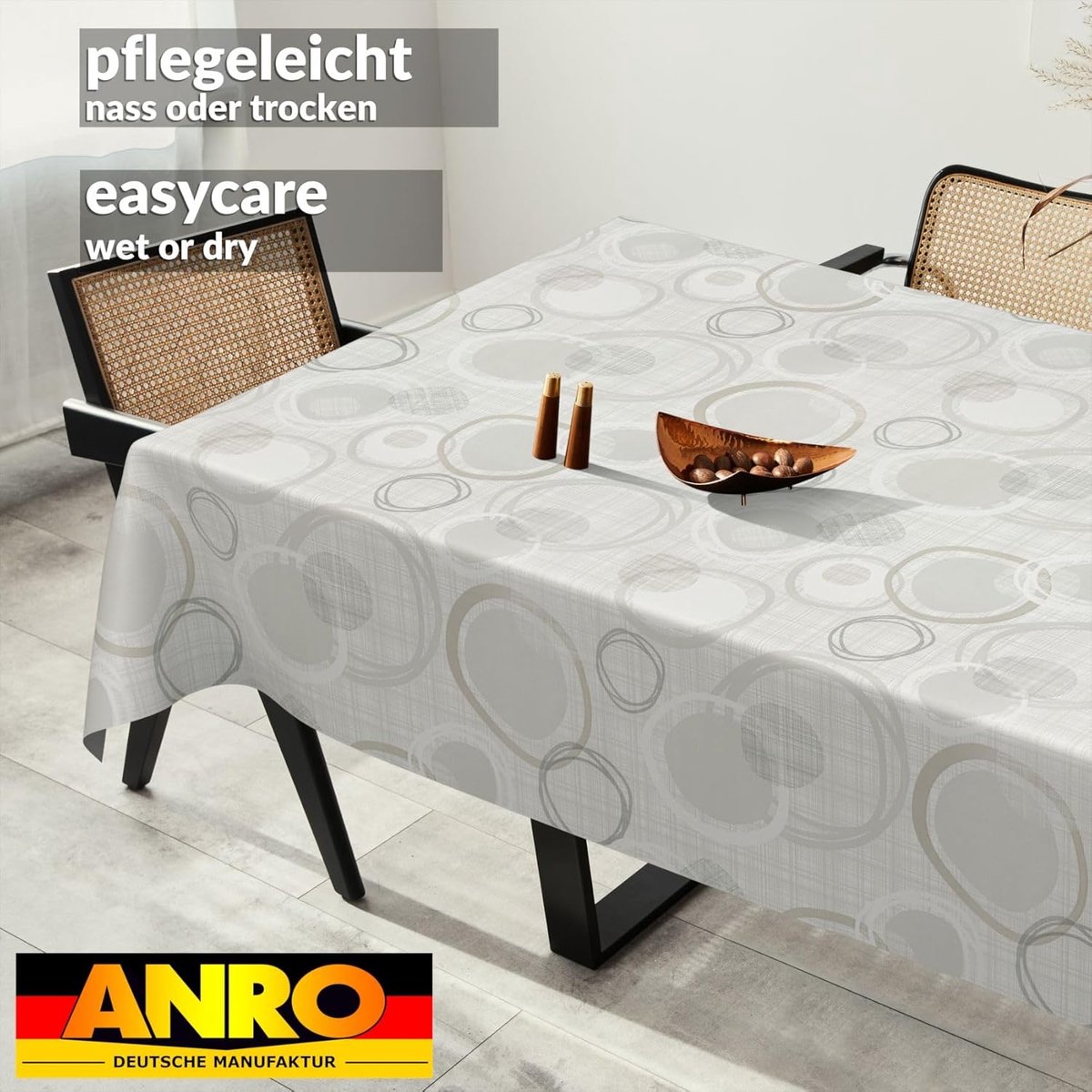 Tafelzeil wasdoek wit/zilver met cirkels en geometrie 280x140 cm