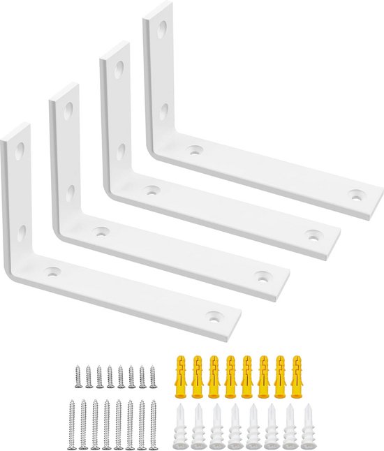 Set van 4 sterke witte plankdragers L-beugels 150x100mm metalen hoeksteunen voor houten planken