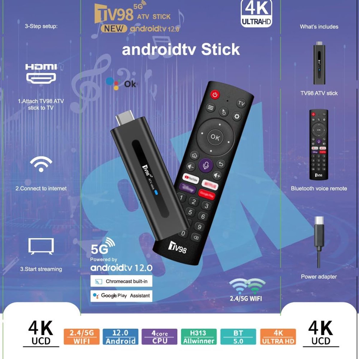4K HDR Android TV Stick met Dual-Band Wifi en Spraakbesturing