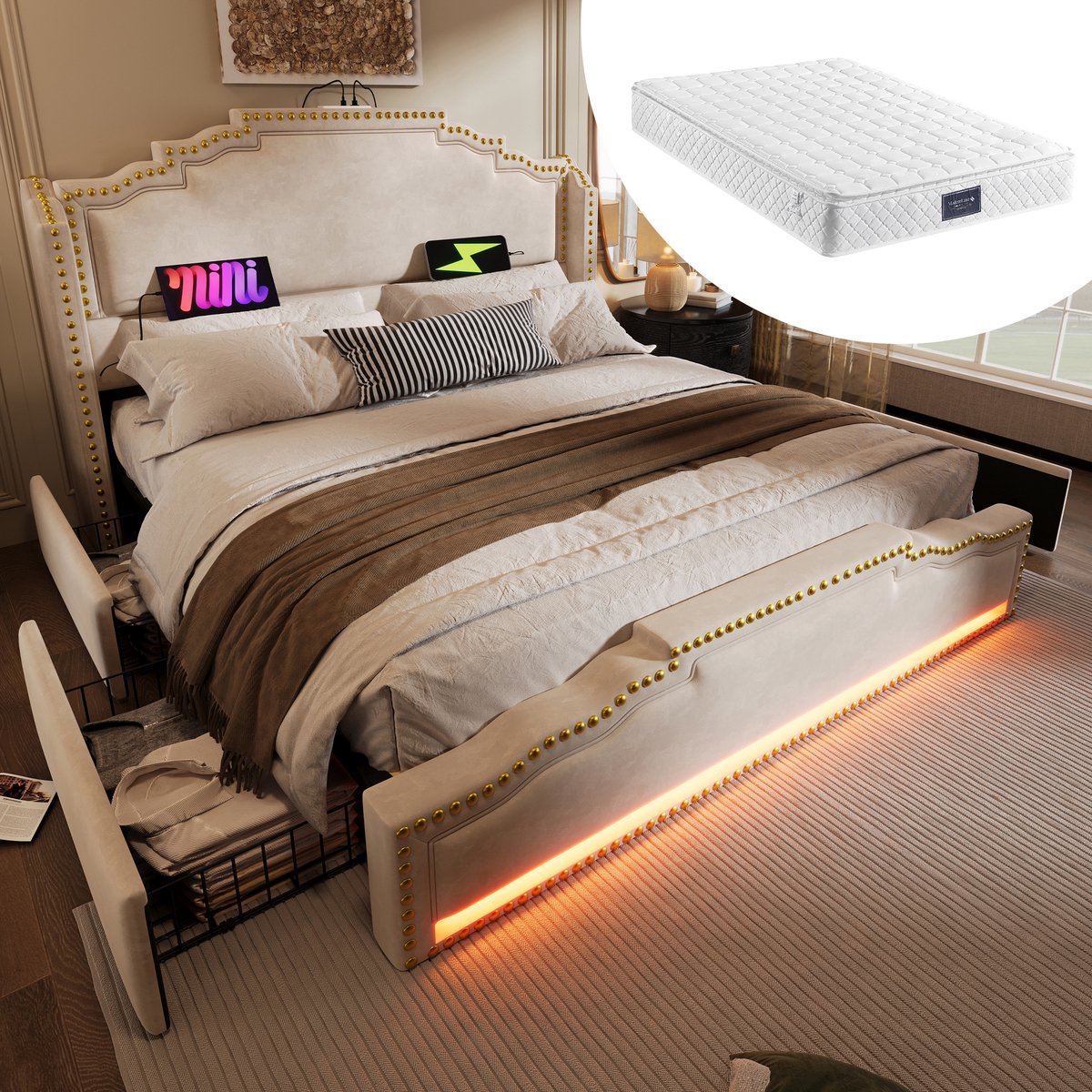 MODFU Bedframe 160x200 cm, beige fluweel, met 4 lades, LED, USB-C en matras