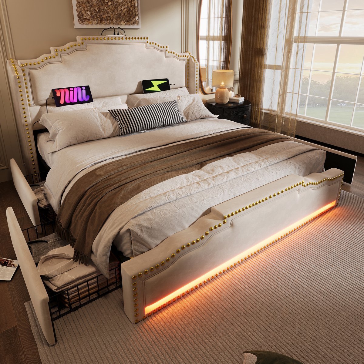 MODFU Bedframe 180x200 cm, gestoffeerd beige met 4 lades, LED en USB-C