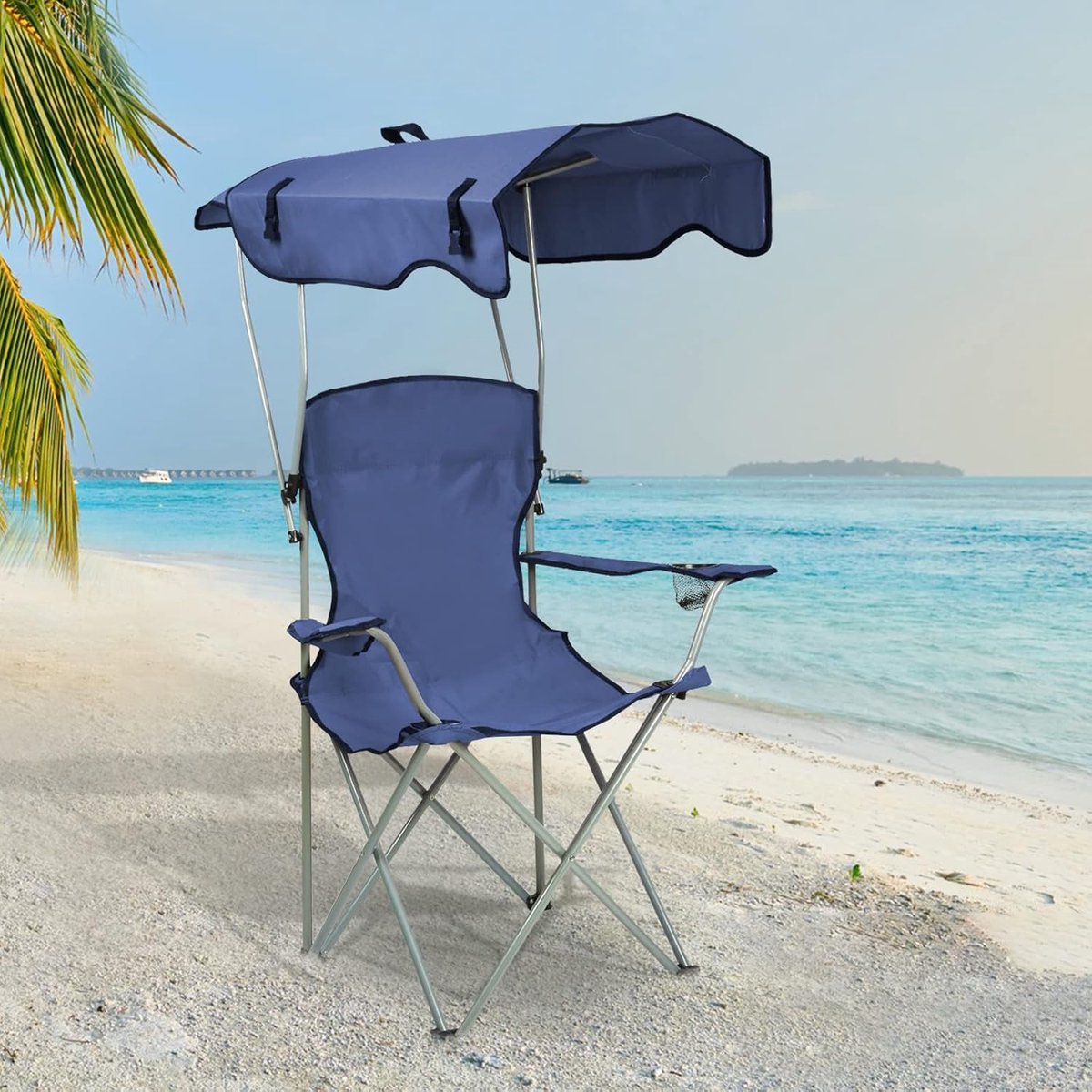Inklapbare Campingstoel met Parasol en Bekerhouder - Lichtgewicht Vakantiestoel