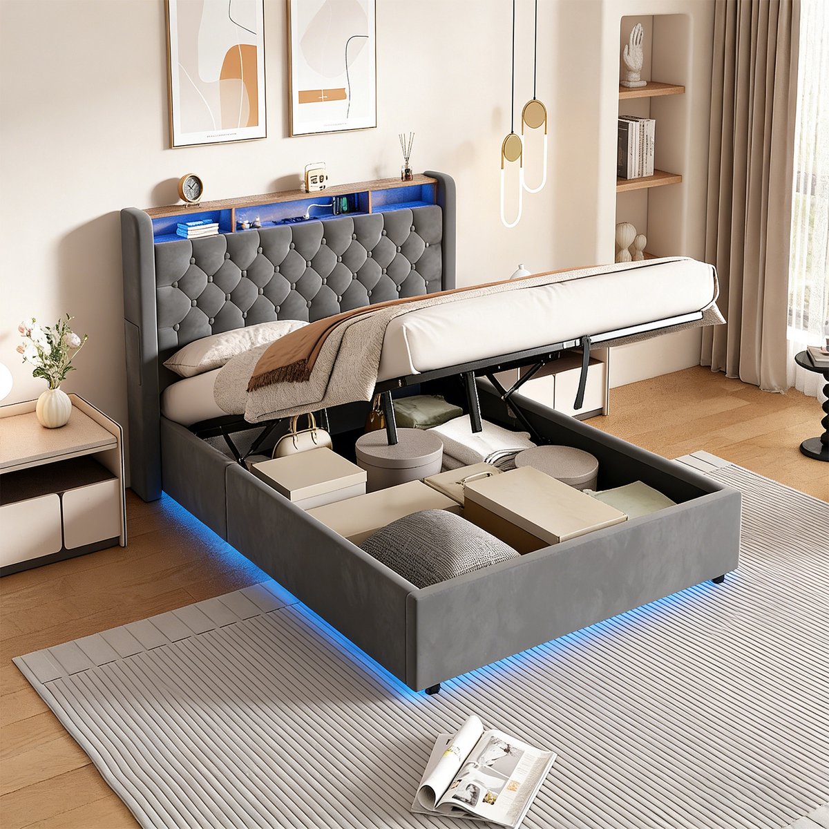 OKWISH Opbergbed 140 X 200 Cm - Met Stopcontact En LED Verlichting - Met Opbergruimte - Fluweel Bekleed - Donkergrijs