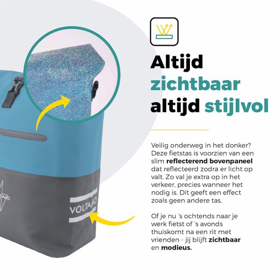 Voltano Enkele Fietstas Rolltop Reflective Special Edition - Zwart / Blauw - 25 Liter - 100% Waterdicht - Gratis Extra Beugels Voor E-bike - Fietstassen Electrische Fietsen van Voltano — afbeelding 2
