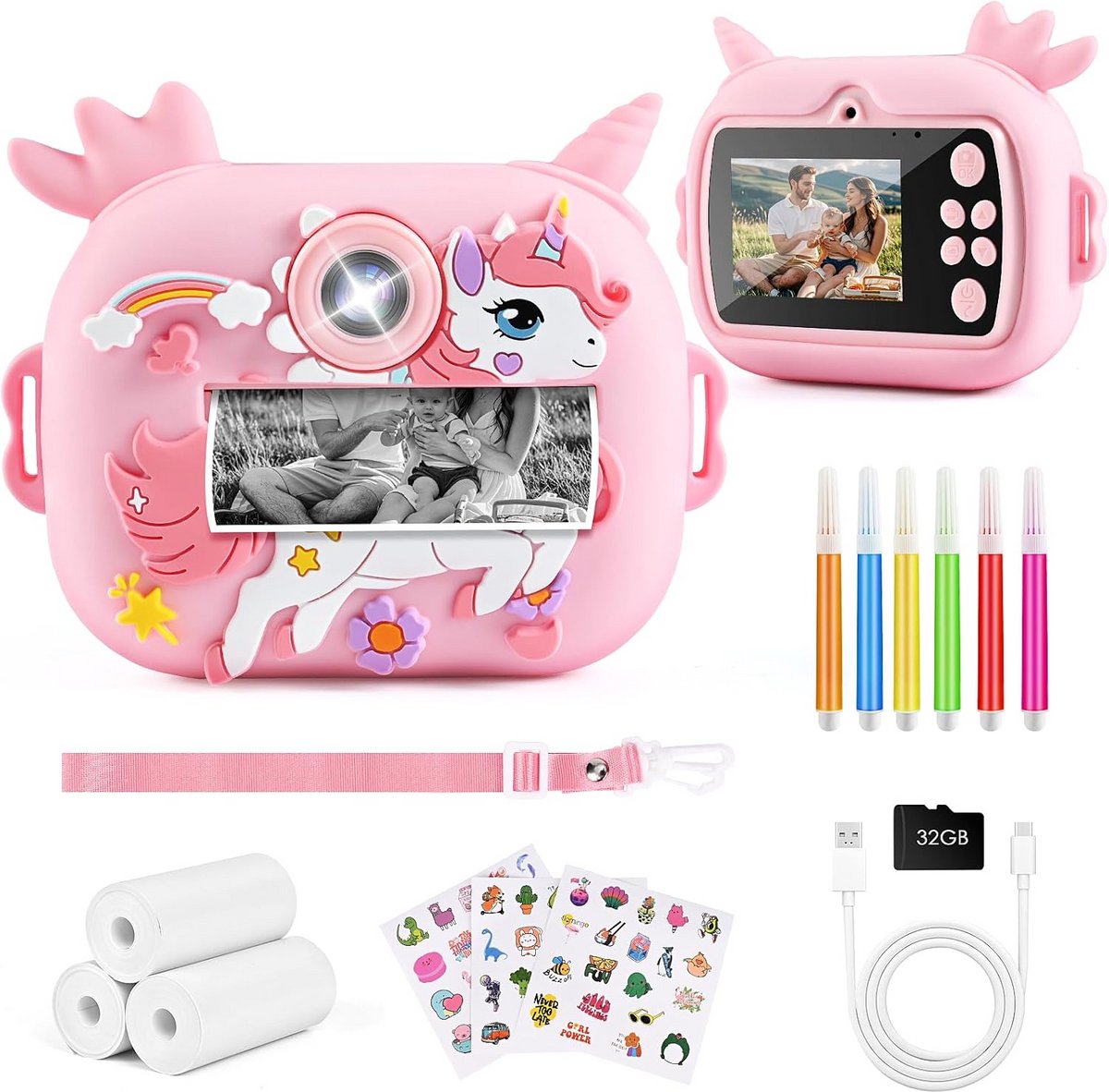 Kindercamera Direct Printen 48MP met 32GB Kaart en 3 Rollen Fotopapier - Digitaal Fototoestel Cadeau Jongen Meisje