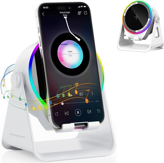 Draadloze 5-in-1 Bluetooth Luidspreker met Inductie Telefoonhouder, RGB LED, 360° draaibaar voor iPhone & Android