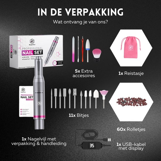Inhoud van de verpakking: elektrische nagelvijl, accessoires, bitjes, schuurrolletjes en etui.