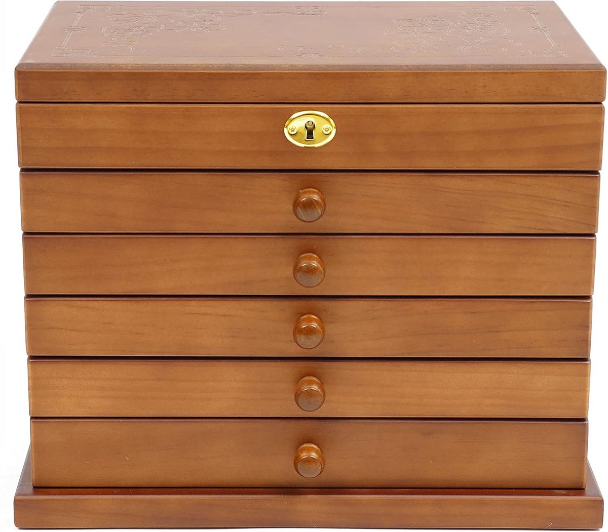 Houten Sieradendoos met 6 Lagen Laden, Spiegel en Slot - Organiser voor Sieraden