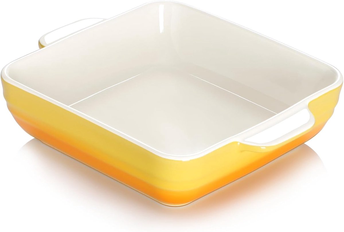 Keramische Ovenschaal Vierkant 20x20 cm - 1.5L Braadpan met Handvatten - Geel Kleurverloop