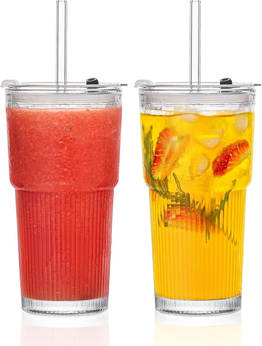 Glazen Set met Deksel en Rietje voor Koude Dranken, 2 Stuks, 580 ml