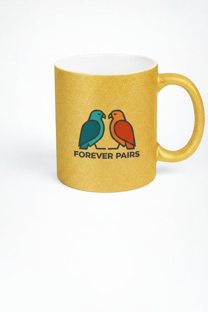 Glitter Gouden Mok 'Forever Pairs' met Liefdesvogels - Romantisch Cadeau voor Koppels en Valentijn