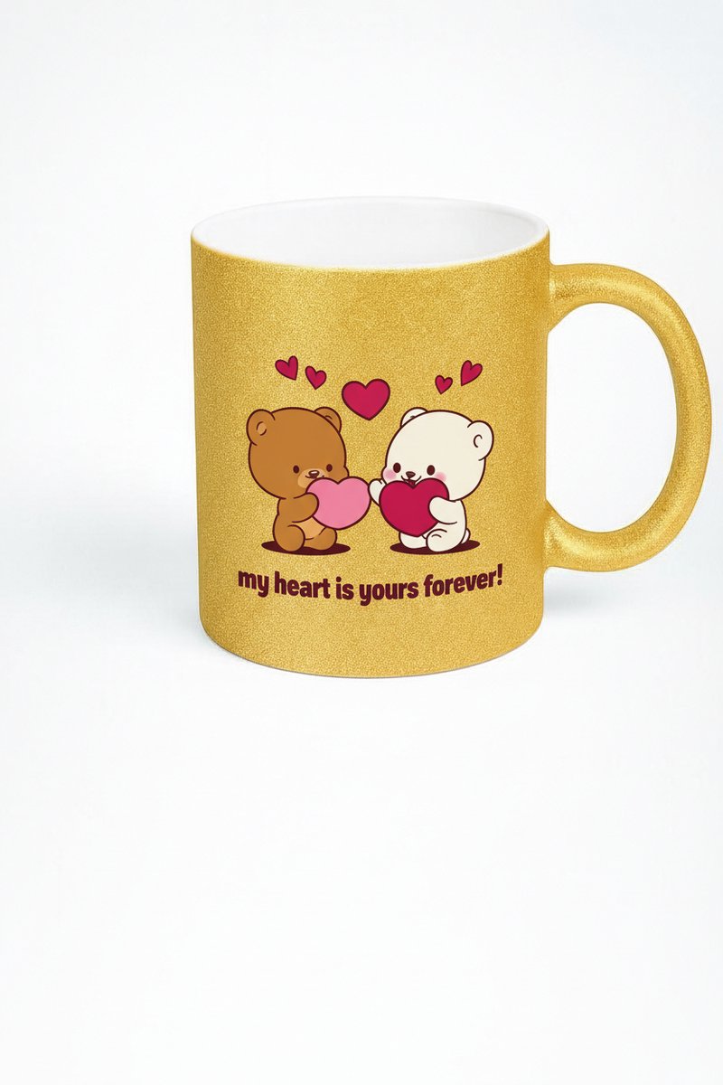 Gouden Glitter Mok met Liefdesberen & 'My Heart Is Yours Forever!' - Romantisch Cadeau