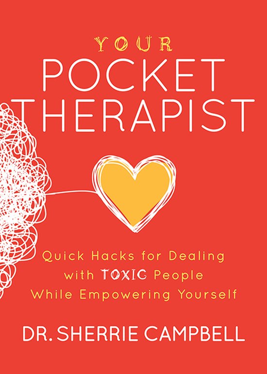 Couverture du livre "YOUR POCKET THERAPIST" sur fond rouge. Texte en jaune et blanc. Un cœur jaune et une ligne blanche désordonnée.