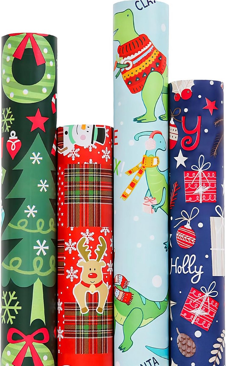 4 Rollen Premium Kerst Inpakpapier (93 m2 totaal) met Vrolijke Dinosaurus en Klassieke Kerstprints