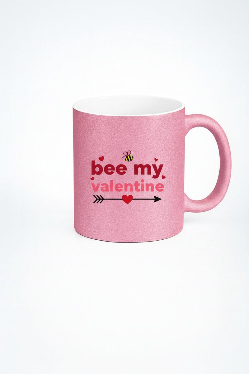 Roze Glitter Mok 'Bee My Valentine' met Bij & Hartjes - Perfect Valentijnscadeau